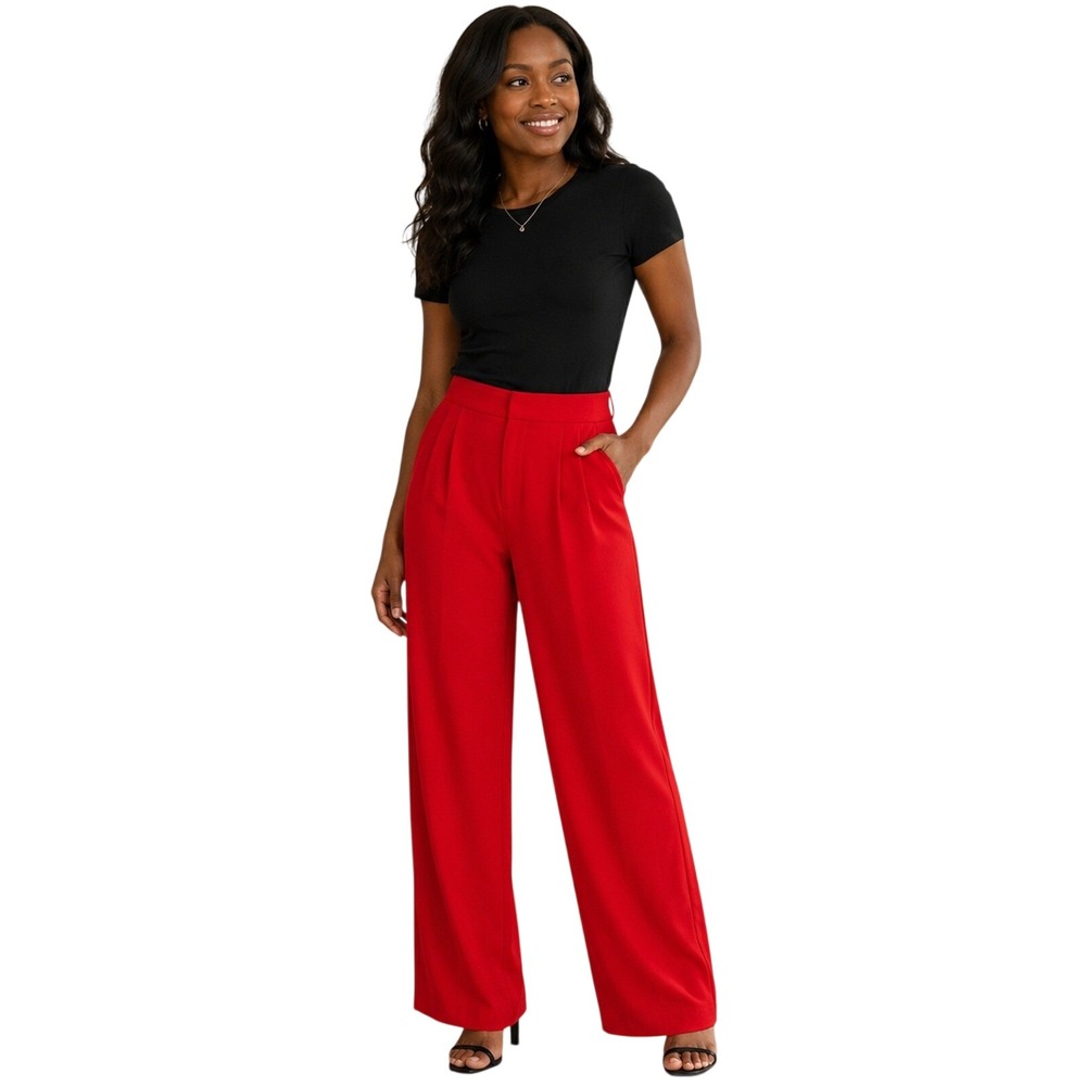Commense Red High Waisted Wide Leg Pleated Trousers Dress Pants MEDIUM
